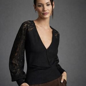 NWT Anthropologie Lace Balloon Sleeve Faux Wrap Top Black Ribbed Blouse Size S